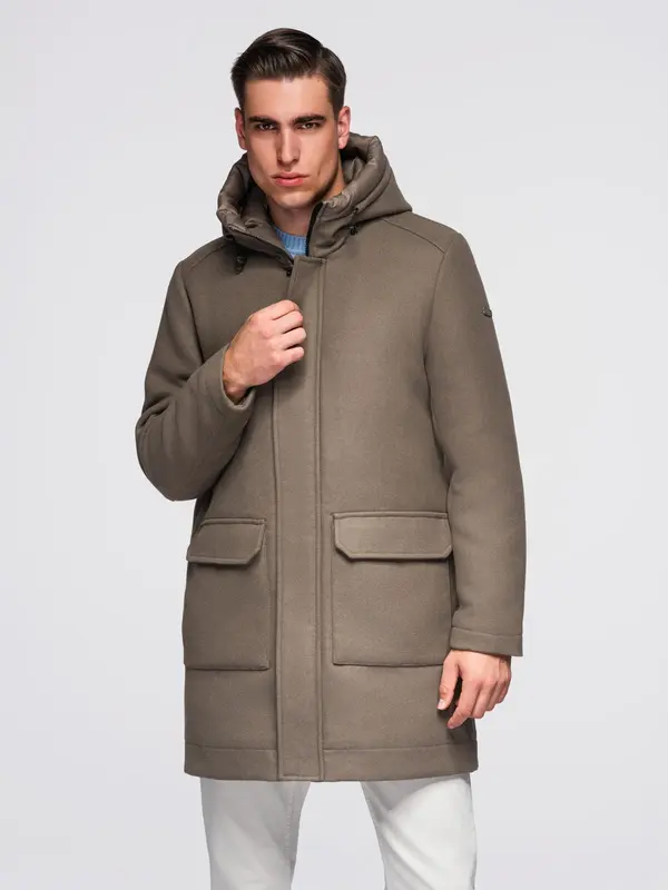 Ombre Ombre Men's parka coat with wool and hood - khaki