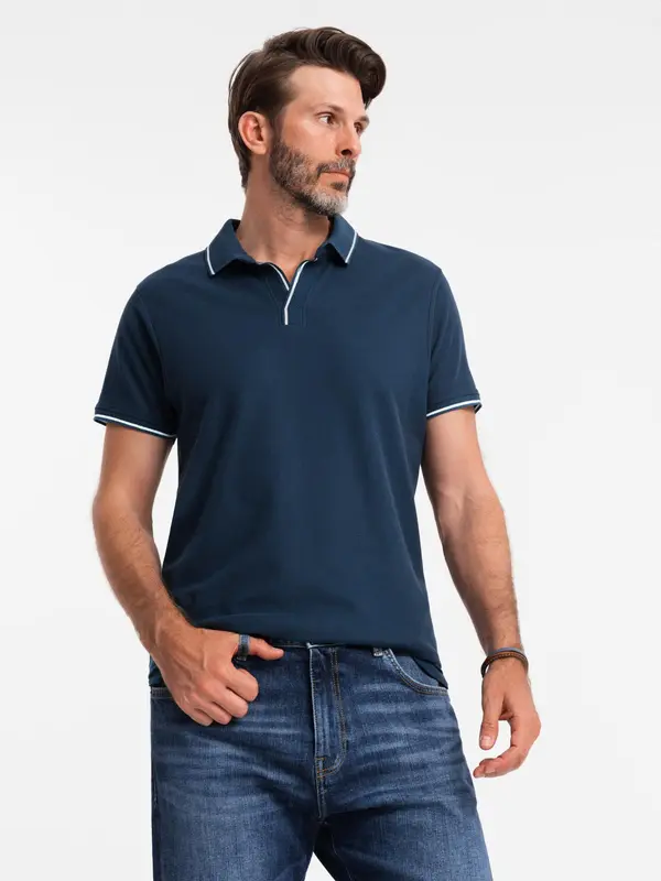 Ombre Ombre Men's pique knit polo shirt without buttons - navy blue