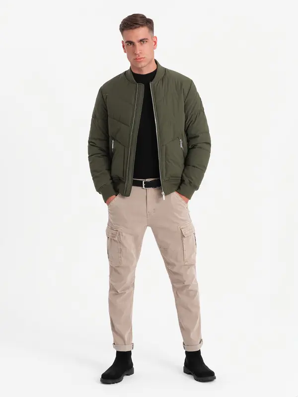 Ombre Ombre Men's quilted bomber jacket with metal zippers - dark olive green