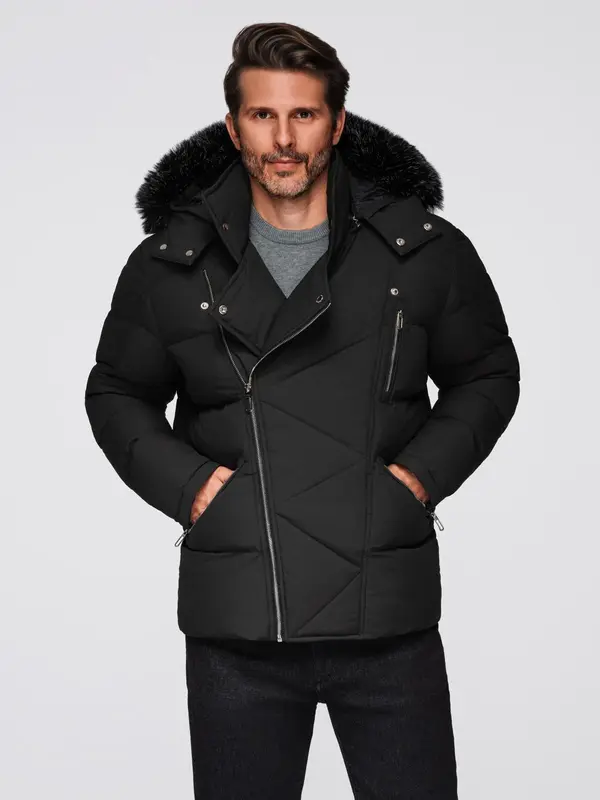Ombre Ombre Men's quilted jacket with cut of ramoneski with hood - black