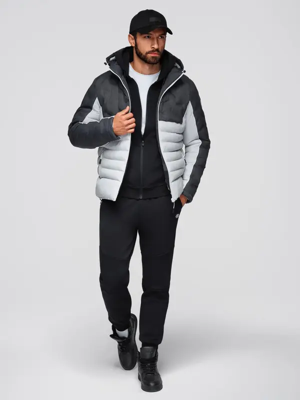 Ombre Ombre Men's quilted jacket with detachable hood - graphite and white