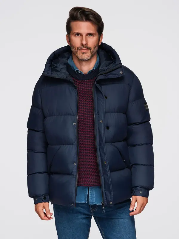 Ombre Ombre Men's quilted jacket with high zipped hood - navy blue