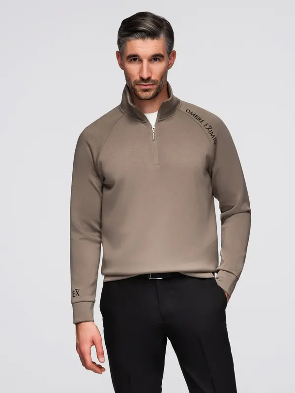 Ombre Ombre Men's sweatshirt with contrasting print and unbuttoned high collar - grey-brown