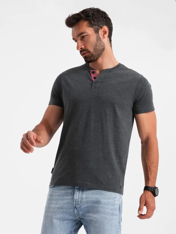 Ombre Ombre Men's t-shirt with unbuttoned round henley neckline - black