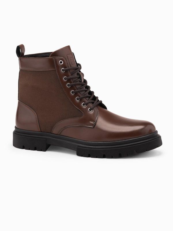 Ombre Ombre Men's trapper boots with high upper made of combined materials - dark brown