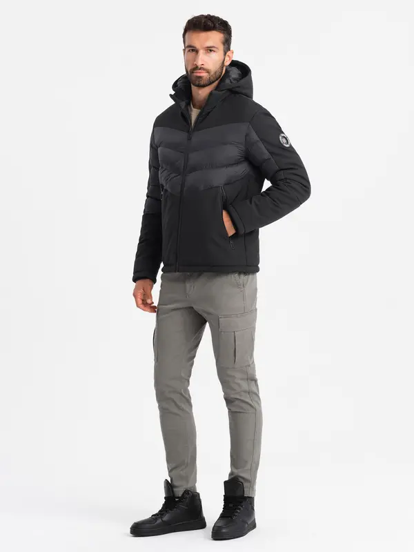 Ombre Ombre Pikowana męska kurtka z łączonych materiałów z wysokim kołnierzem – czarna