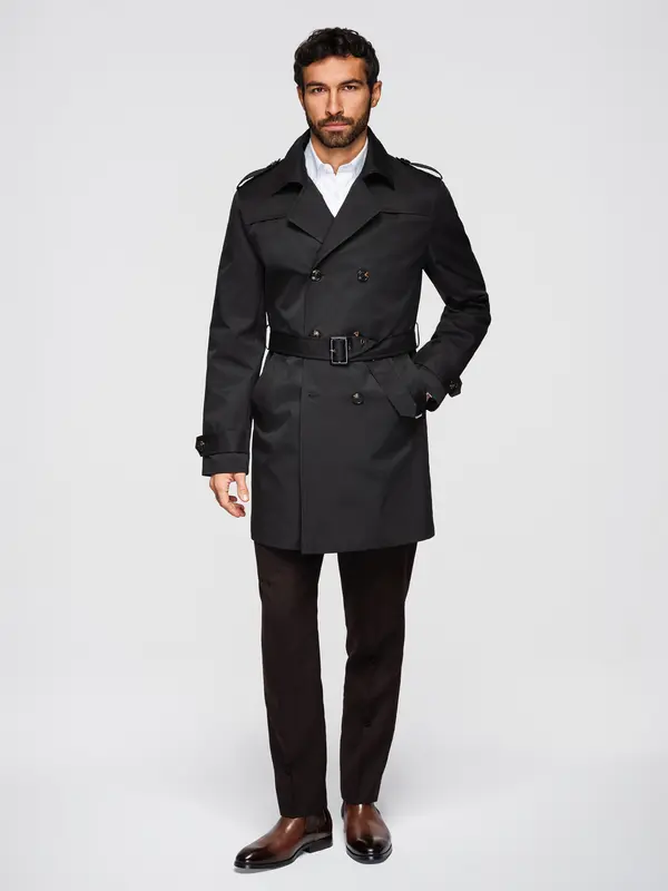 Ombre Ombre SLIM FIT muški trench kaput s dvostrukim kopčanjem i remenom - crni