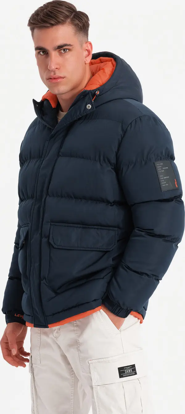 Ombre Ombre Warm men's sports jacket with double hood - navy blue