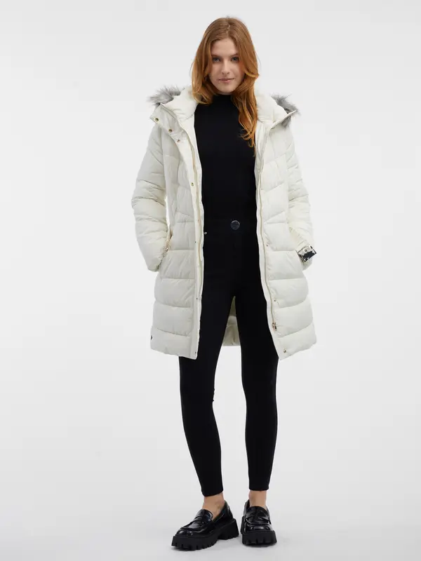 Orsay Orsay Cream Women's Quilted Coat with Faux Fur - Women's