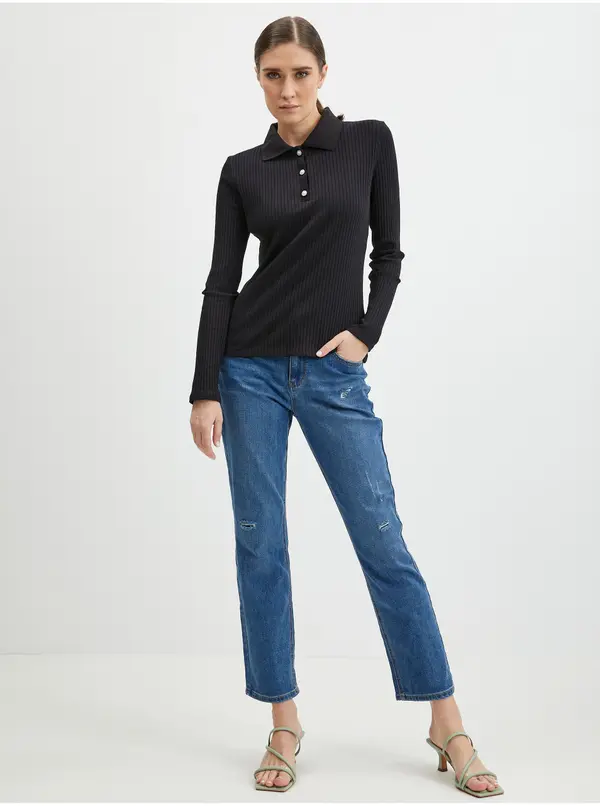 Orsay Orsay Women's Black Ribbed Polo T-Shirt - Women's