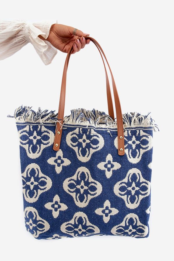 Kesi Patterned Large Woven Beach Bag Navy Blue Sadhara