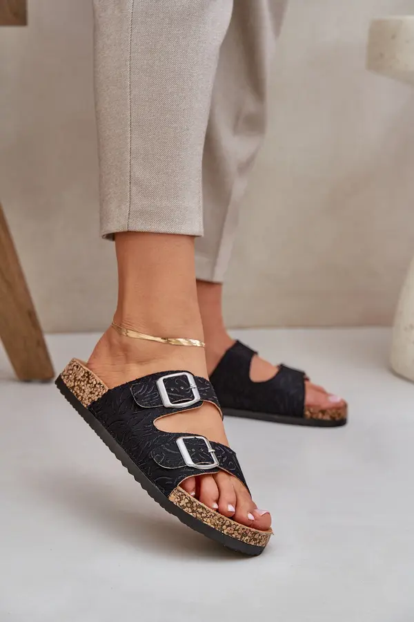 Boto PE1 Fabric Slippers On Cork Sole With Buckles Black Atera