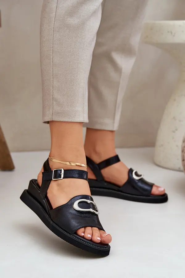 Boto PE2 Lacquered Women's Wedge Sandals With Decoration Black Salianes