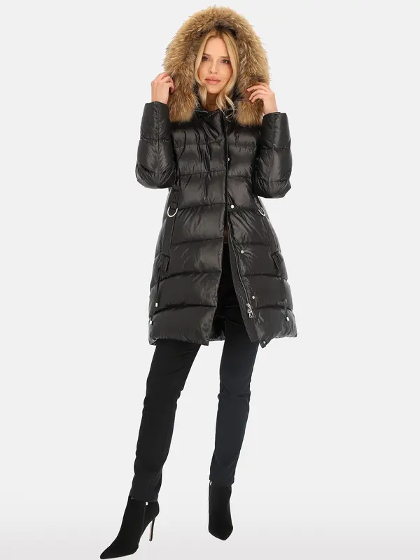 PERSO PERSO Woman's Women's long quilted jacket with natural raccoon fur, color