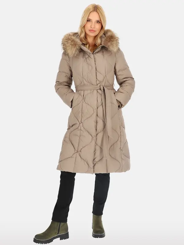 PERSO PERSO Woman's Women's long tied real down coat with raccoon fur ,  color