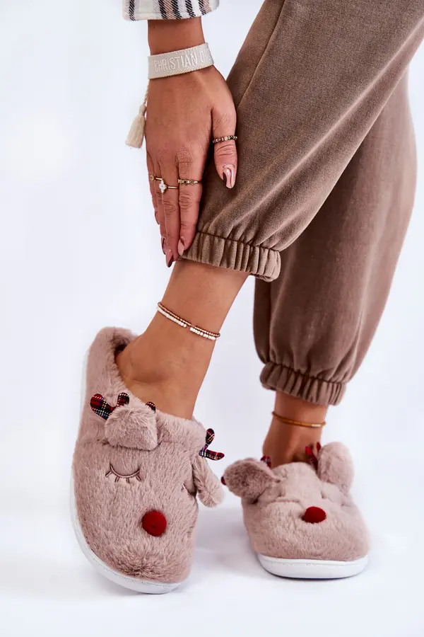 Boto PG4 Women's Christmas Fur Slippers With Reindeer Beige Claire