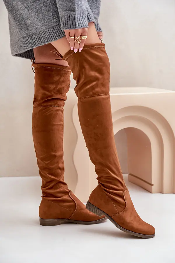 Boto PH2 Knee High Flat Heel Boots Made Of Eco Suede Camel Linnithia