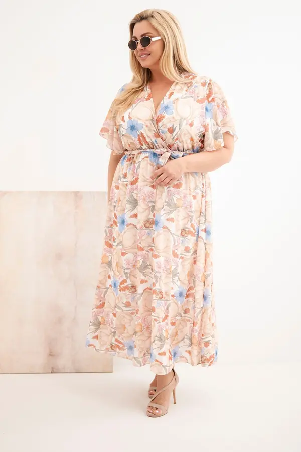 Kesi Włoski Plus size cvjetna haljina s remenom bež boje