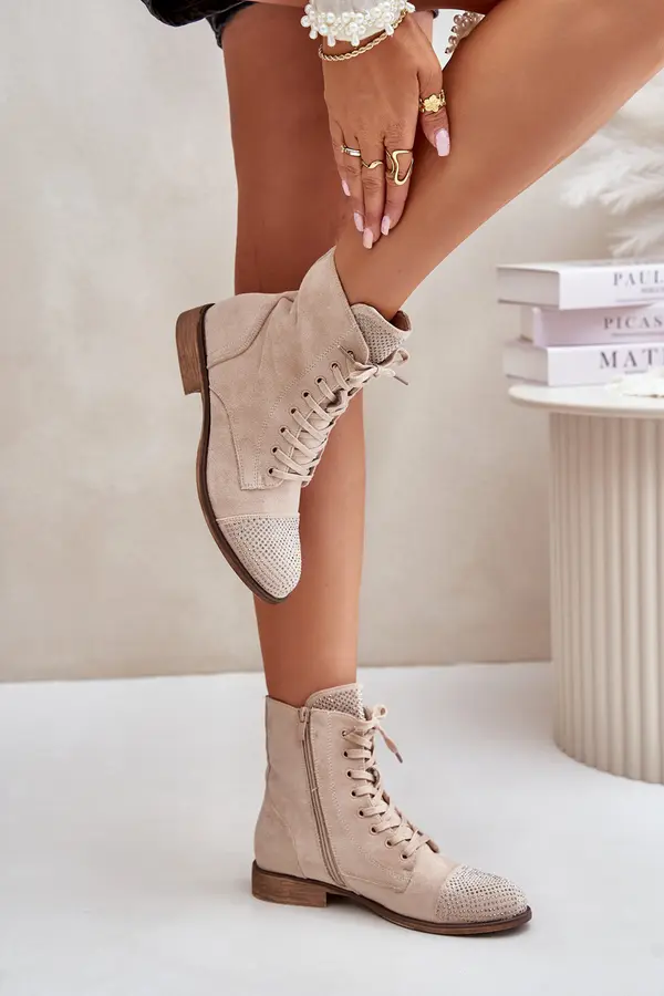 Boto PS1 Decorated Flat Heel Boots Eco Suede Insulated Light Beige Ellieo