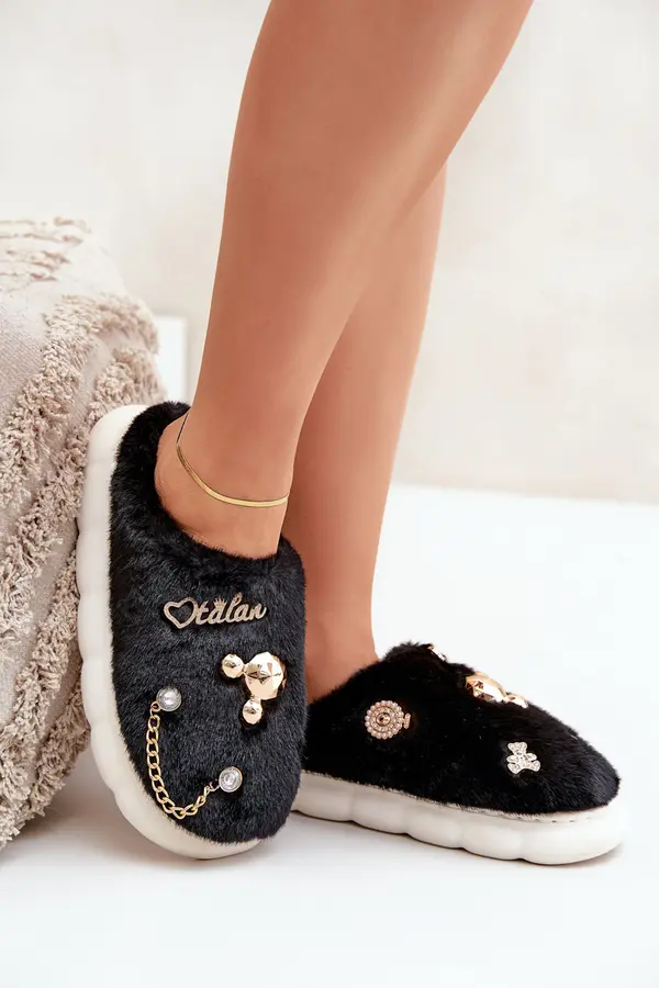 Boto PS1 Furry Slippers With Bows Black Ivelfedi
