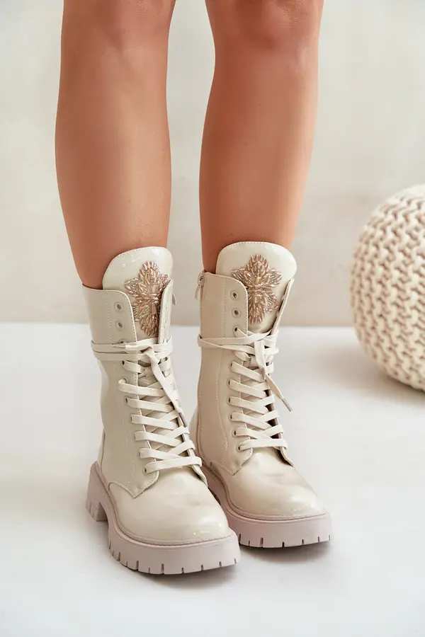 Boto PS1 Lacquered Insulated Worker Ankle Boots With Decoration Beige Kelilea