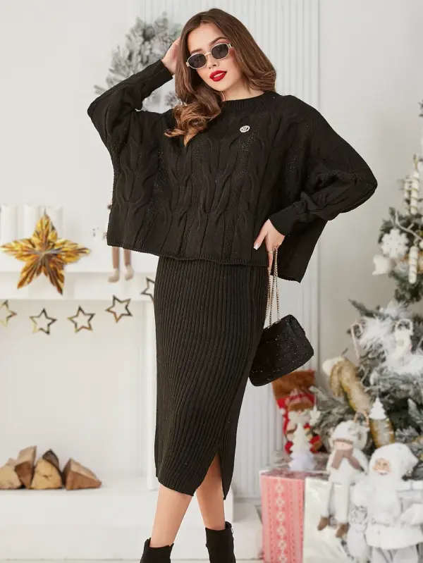 Resti Resti Acrylic braided women's set with sweater and skirt Warm&Fuzzy