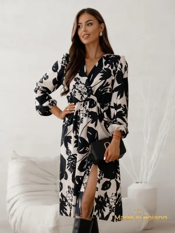 Resti Resti Apollonia Midi Beige Dress with Long Sleeves and Floral Pattern