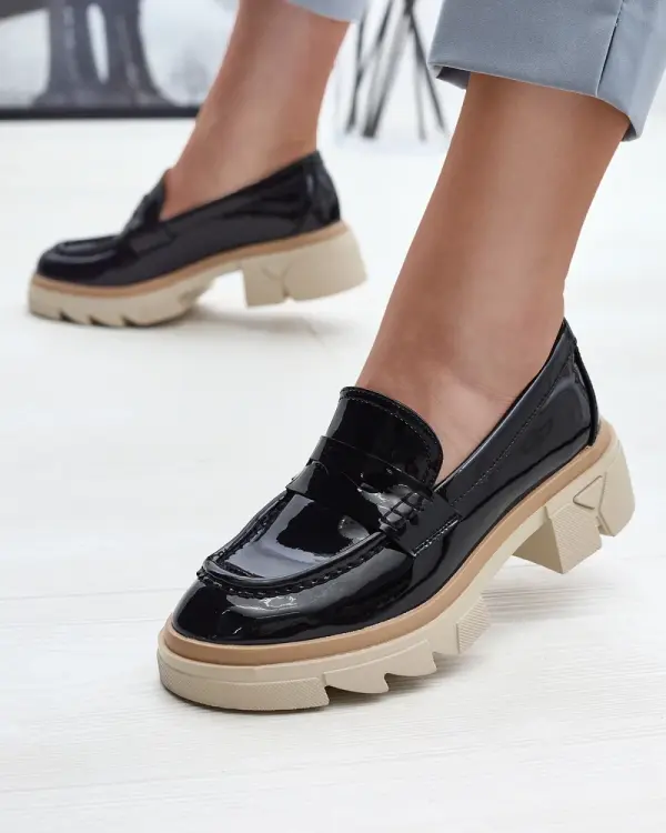 Resti Resti Black women's eco leather patent leather moccasins Sepop- Footwear