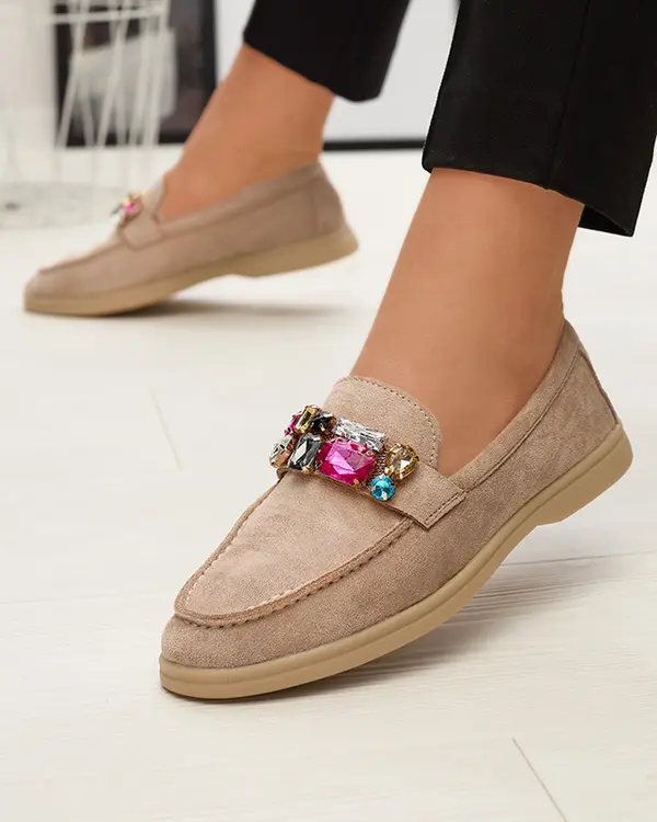 Resti Resti Eco suede light brown women's moccasins with decorative crystals Nellens- Footwear