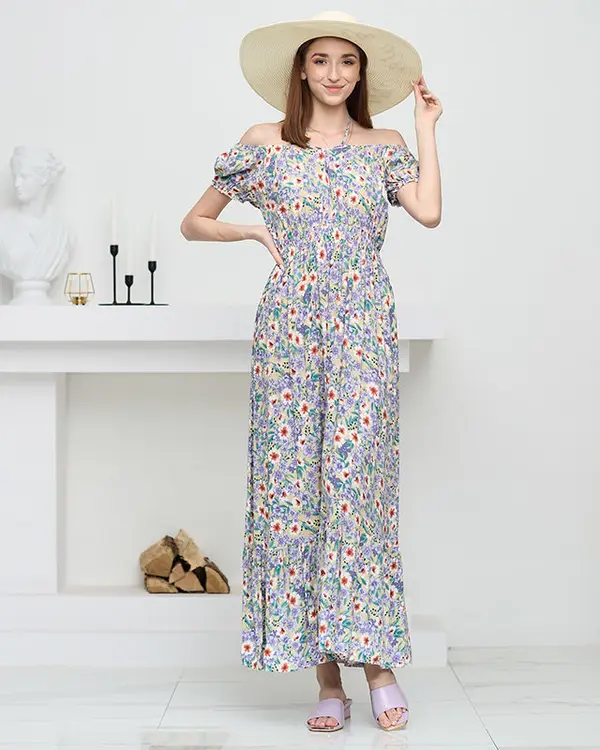 Resti Resti Long summer green dress for women with purple flowers - Clothing