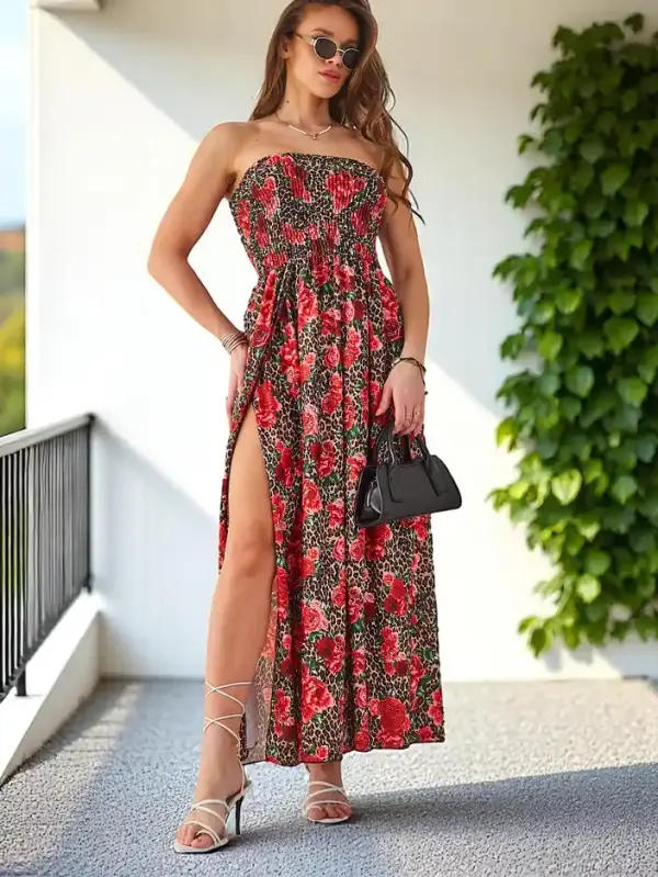 Resti Resti Patterned women's midi dress without sleeves with a wide elastic band and slits at the bottom