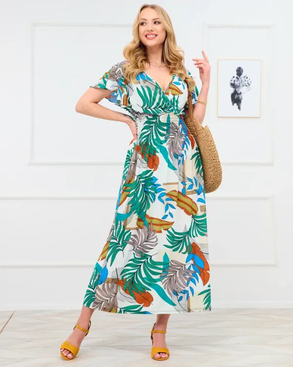 Resti Resti White women's long dress with colorful floral pattern - Clothing