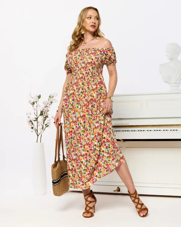 Resti Resti White women's midi dress with floral pattern- Clothing