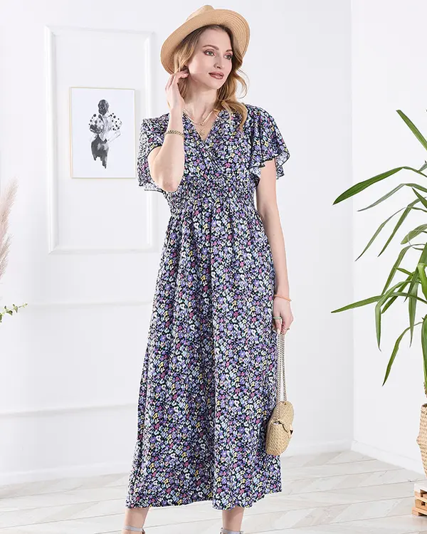 Resti Resti Women's black long dress with purple flowers - Clothing