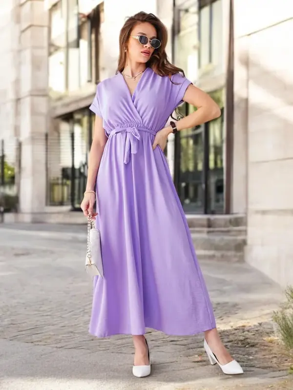 Resti Resti Women's midi dress with a wrap neckline, short sleeves, and a belt
