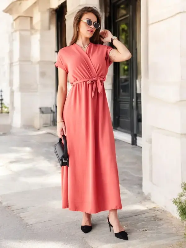 Resti Resti Women's midi dress with a wrap neckline, short sleeves, and a belt