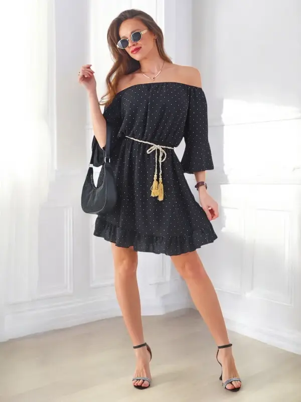 Resti Resti Women's mini dress off-the-shoulder with long sleeves and rhinestones