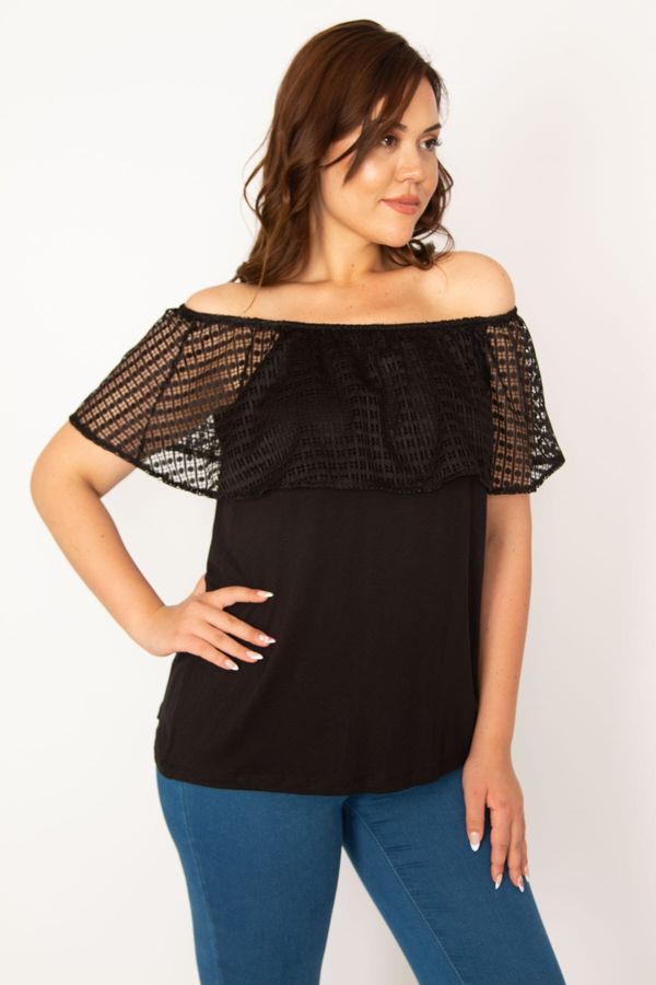 Şans Şans Women's Plus Size Black Elasticated Lace Ruffle Blouse