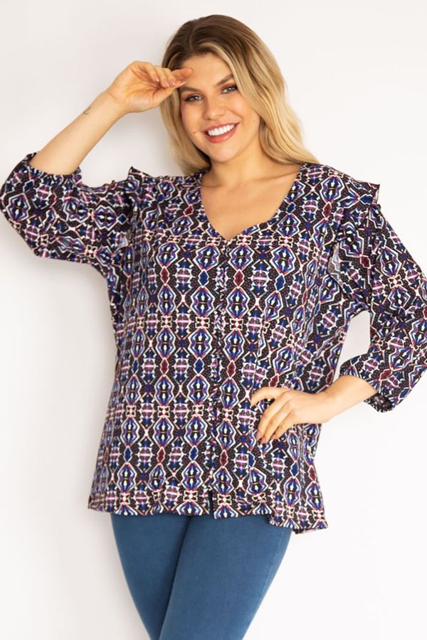 Şans Şans Women's Plus Size Colorful One Piece Button Down Shoulder Frilly Tunic