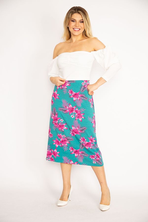 Şans Şans Women's Plus Size Green Viscose Lycra Skirt with Elastic Waist