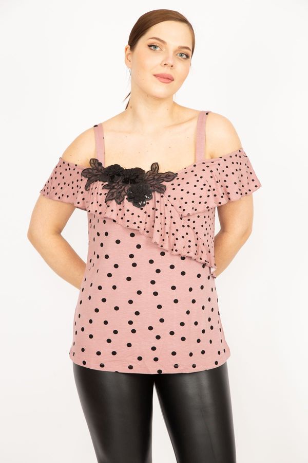 Şans Şans Women's Powder Plus Size Sequin Applique And Flounce Detail Point Patterned Strappy Blouse