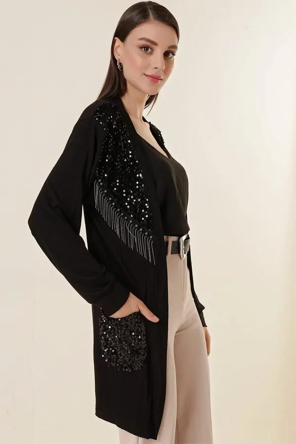 By Saygı Saygı šljokice i detalji lanca Lycra Cardigan s crnim džepovima.