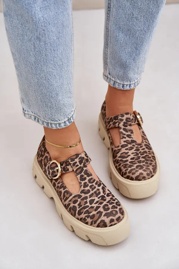 Zazoo Suede Loafers With Buckle In Leopard Print Zazoo