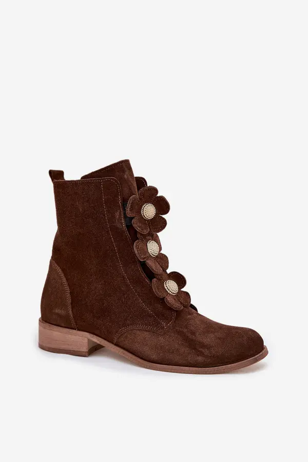Zazoo Suede Women's Ankle Boots with Decorative Flowers Zazoo 3085 Brown