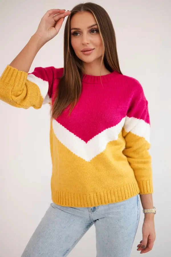 Kesi Sweater with geometric fuchsia + mustard patterns