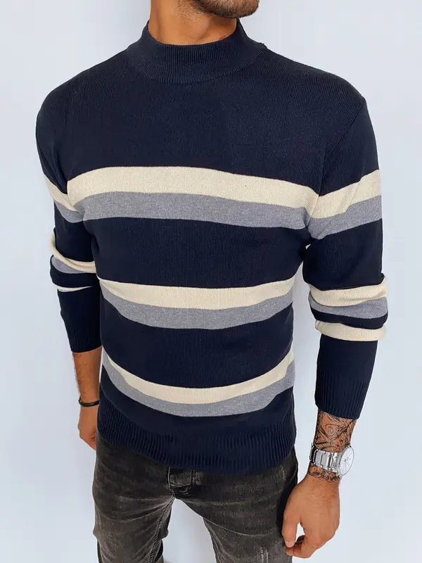 DStreet Sweter męski półgolf w paski granatowy Dstreet
