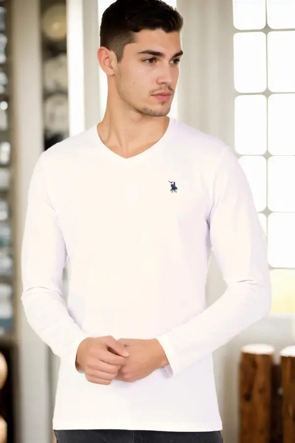 dewberry T9587 DEWBERRY V-NECK MEN'S LONG SLEEVE T-SHIRT-WHITE