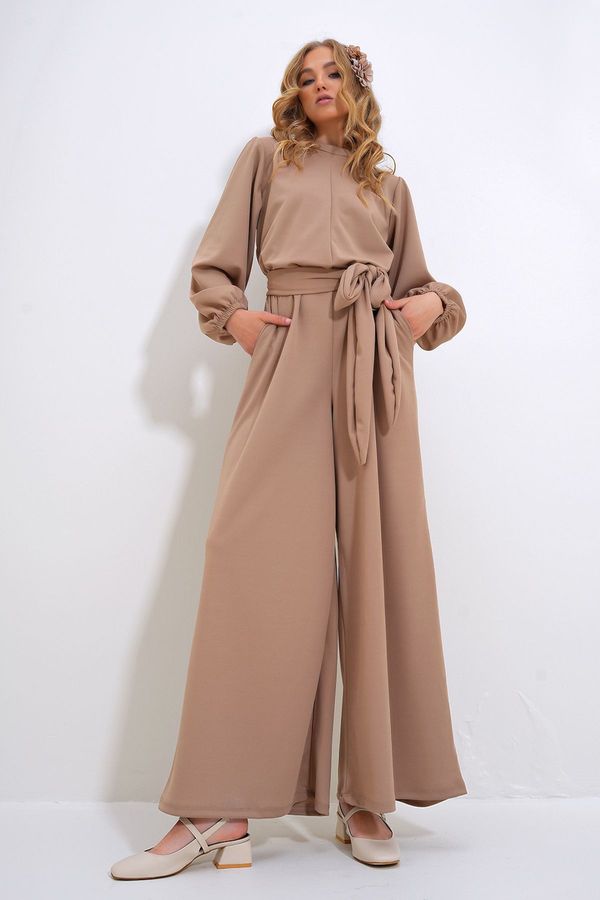 Trend Alaçatı Stili Trend Alaçatı Stili Women's Stone High Collar Back Zipper Princess Sleeve Waist Belted Jumpsuit