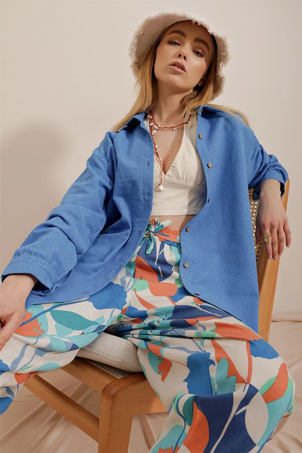 Trend Alaçatı Stili Trend Alaçatı Stili Women's Aviator Blue Oversize Linen Shirt