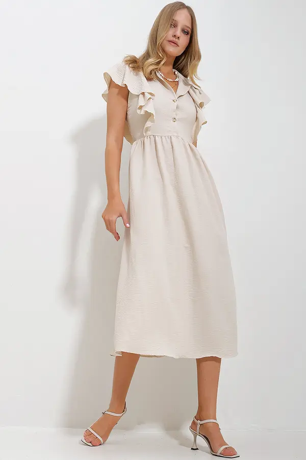Trend Alaçatı Stili Trend Alaçatı Stili Women's Beige Shirt Collar Half Placket Ruffle Detailed Hidden Zipper Midi Dress